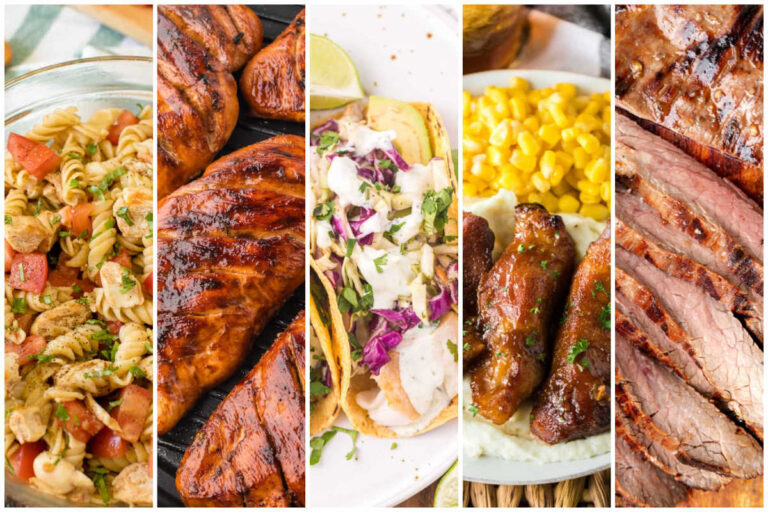 Weekly meal plan image with bruschetta chicken pasta salad, grilled chicken, fish tacos, country style ribs with corn, and sliced grilled flank steak.