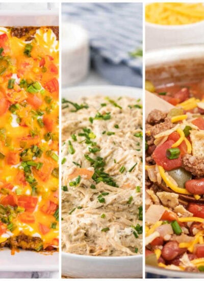 Five vertical panels show close ups of comfort food dinners for a weekly meal plan.