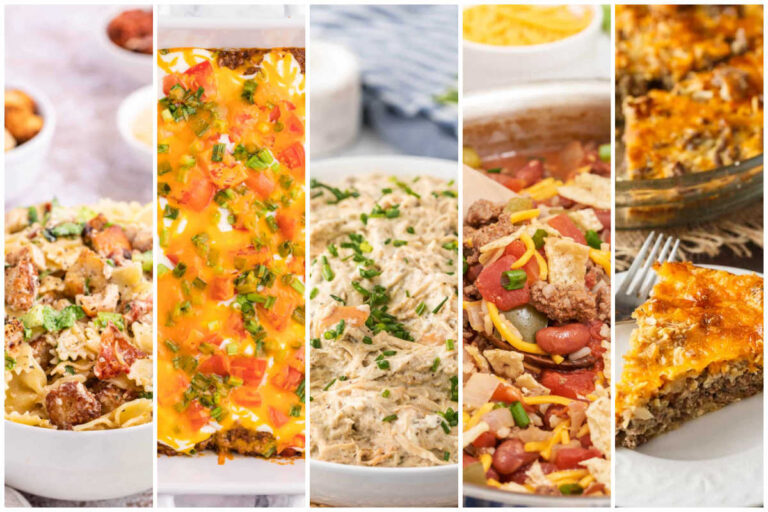 Five vertical panels show close ups of comfort food dinners for a weekly meal plan.