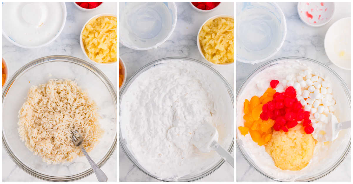 Three overhead panels show the steps for making glorified rice. Cooked white rice is stirred in a glass bowl then folded into whipped topping before mandarin oranges maraschino cherries crushed pineapple and mini marshmallows are added.