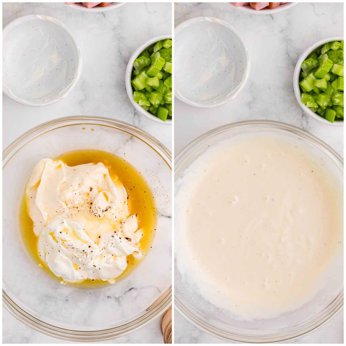 Side by side prep photos before and after being whisked into a smooth creamy dressing. Chopped celery and cooked ham sit nearby.
