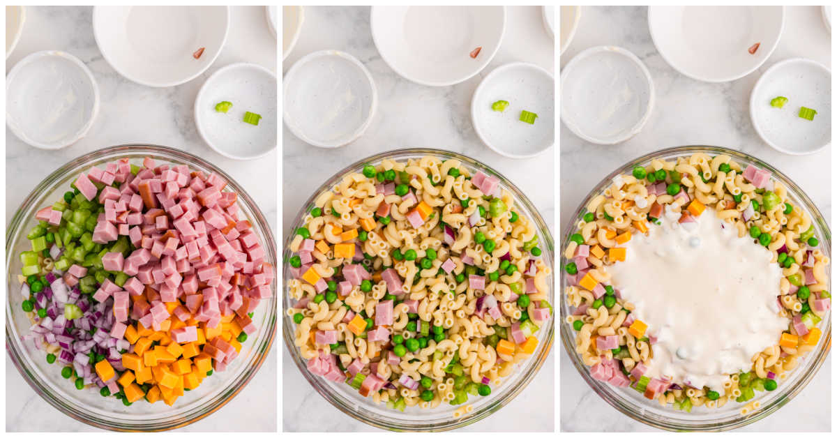 Three step overhead photos show ingredients being mixed in a glass bowl. Creamy dressing is poured over the mixture.