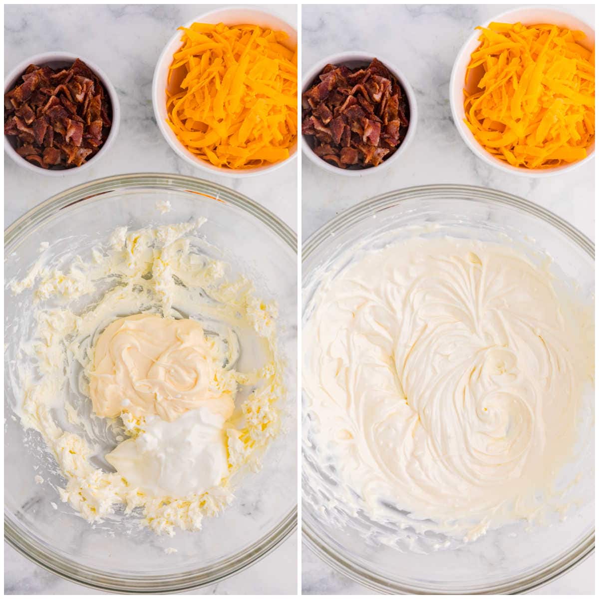 Collage of mixing the dressing in a bowl.
