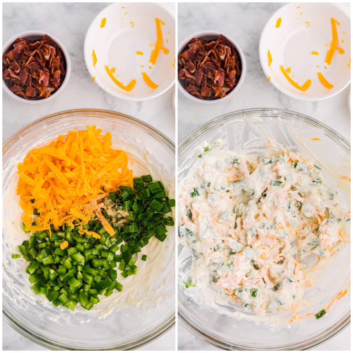 Collage of mixing ingredients in a bowl.