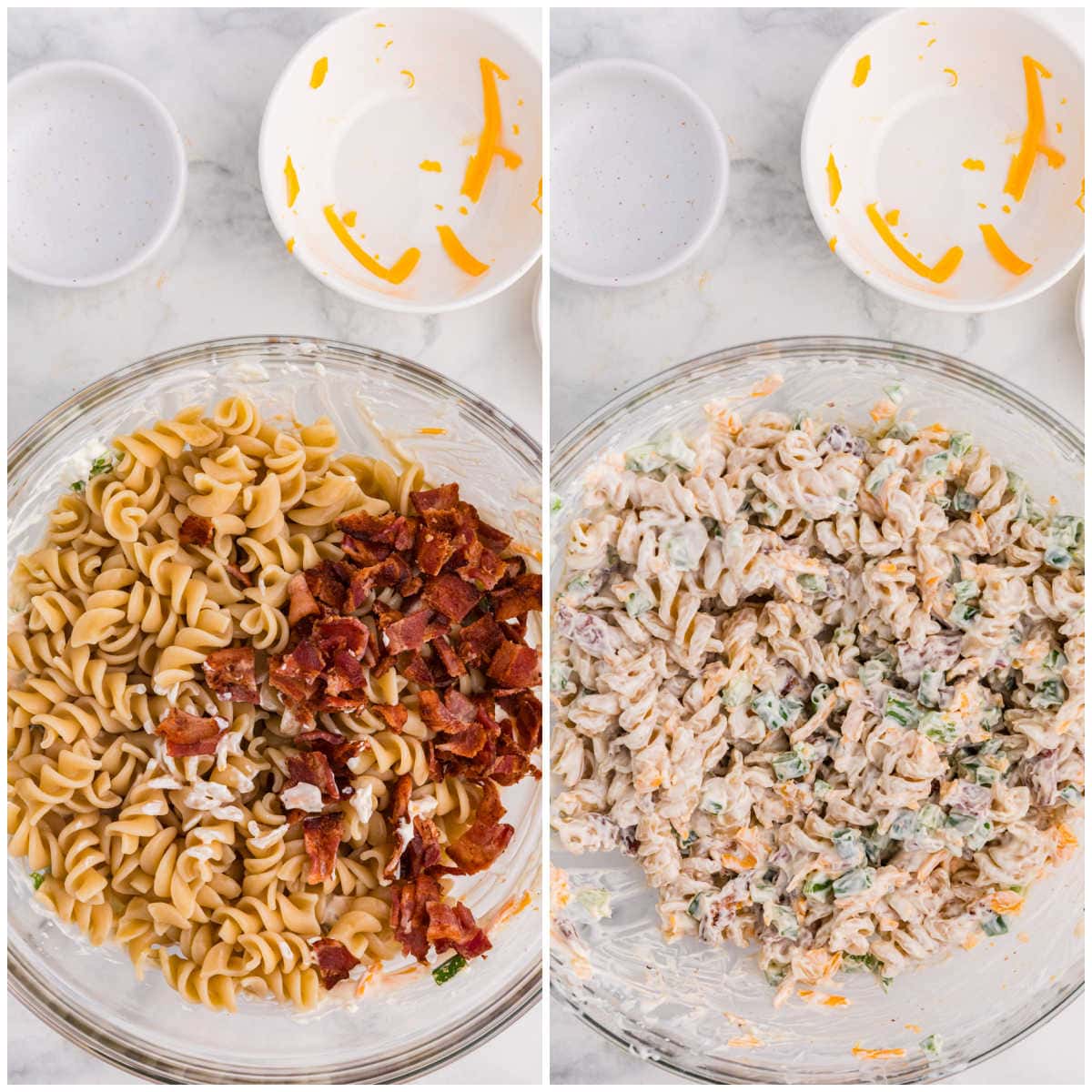 Collage of mixing ingredients in a bowl.