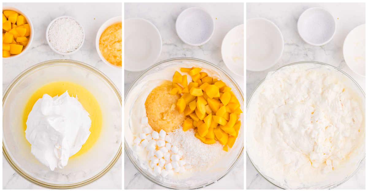 Collage of mixing ingredients in a bowl.