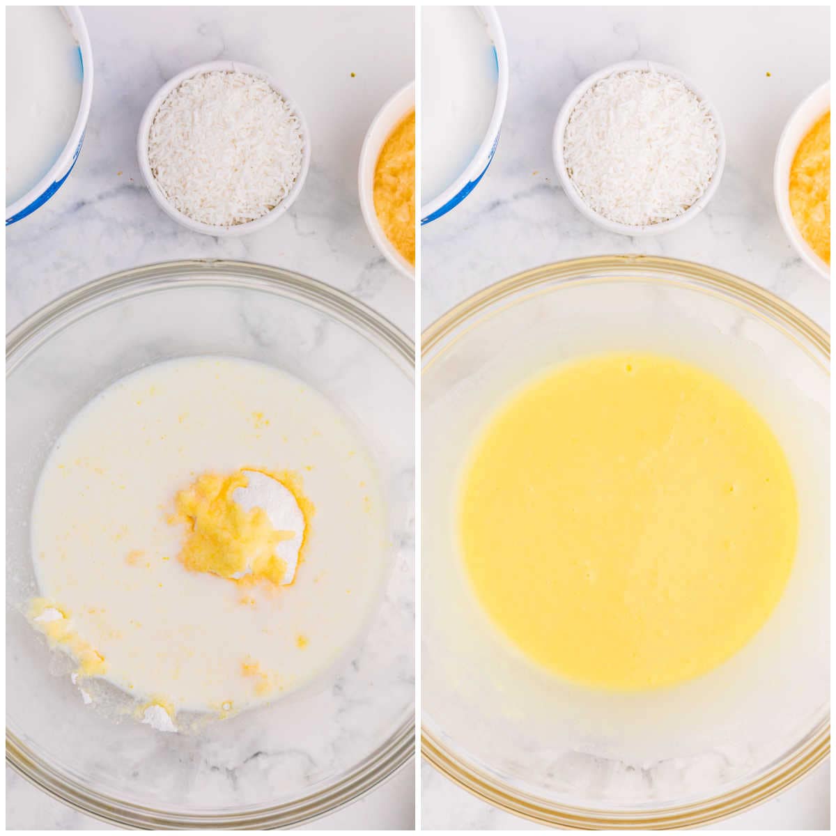 Collage of mixing ingredients in a bowl.