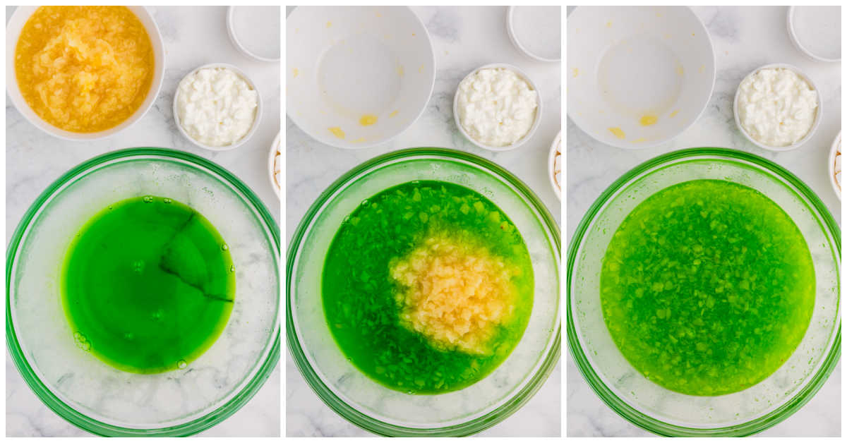 Collage of making making the jello in a bowl.