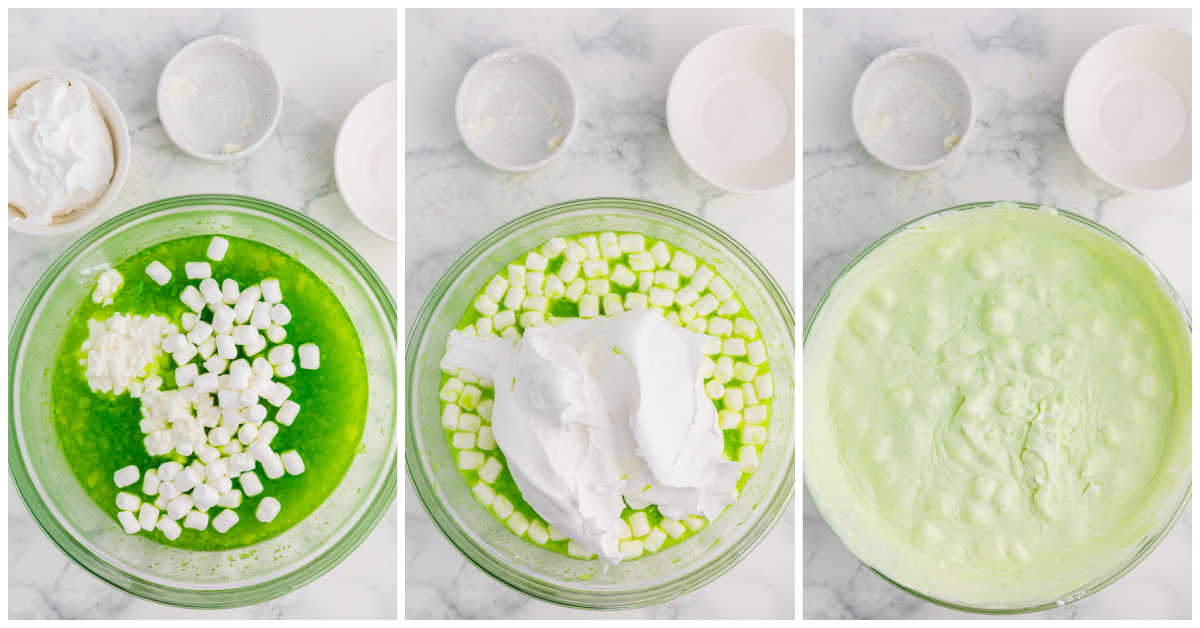 Collage of mixing ingredients in a bowl.