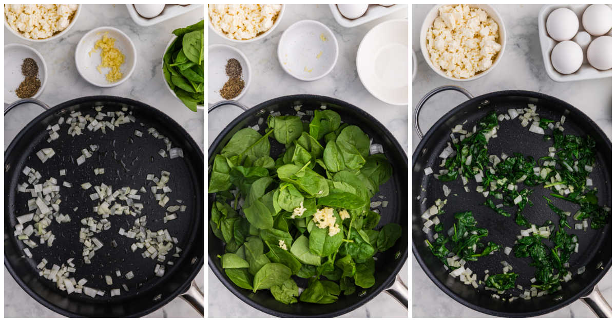Three step by step photos show diced onion cooking in a skillet before fresh spinach and minced garlic are added. The final panel shows the spinach wilted with onion for the pie filling with bowls of feta and eggs nearby.