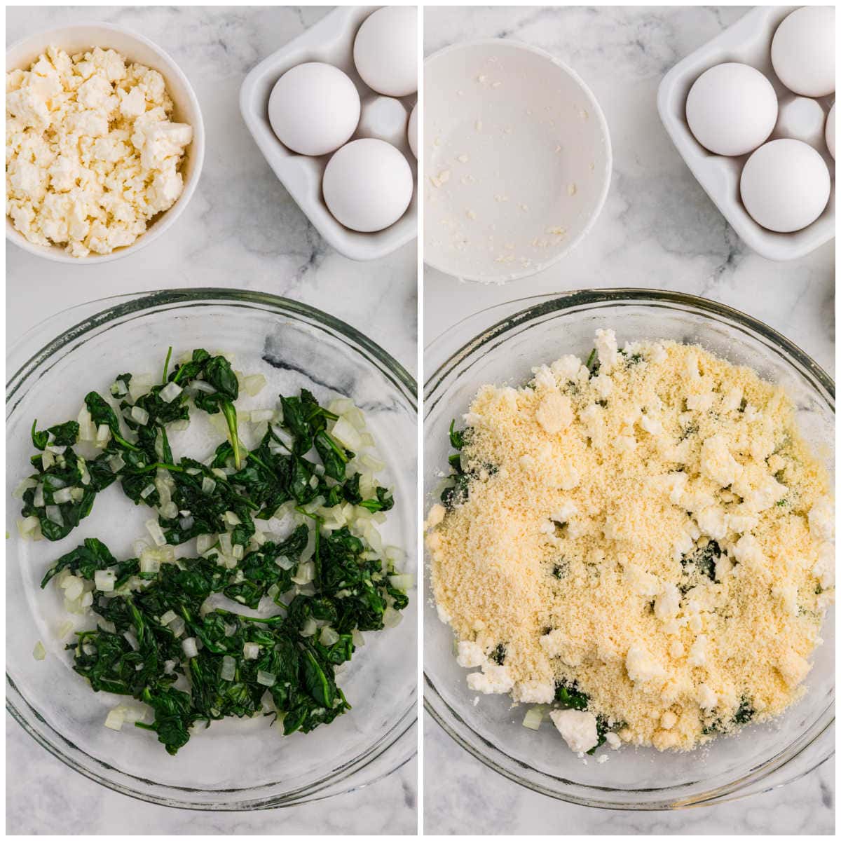 Two step by step photos show wilted spinach and diced onion spread in a glass pie dish. Crumbled feta and grated cheese are added on top while eggs sit nearby on the marble counter.