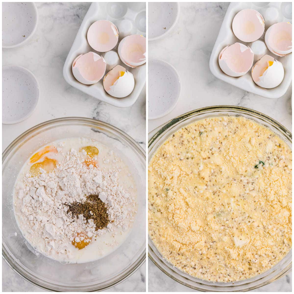 Two step by step photos show eggs milk flour and dried seasonings in a glass mixing bowl before being poured over the spinach and cheese filling in a pie dish. Cracked eggshells sit in a white ceramic holder on the marble counter.