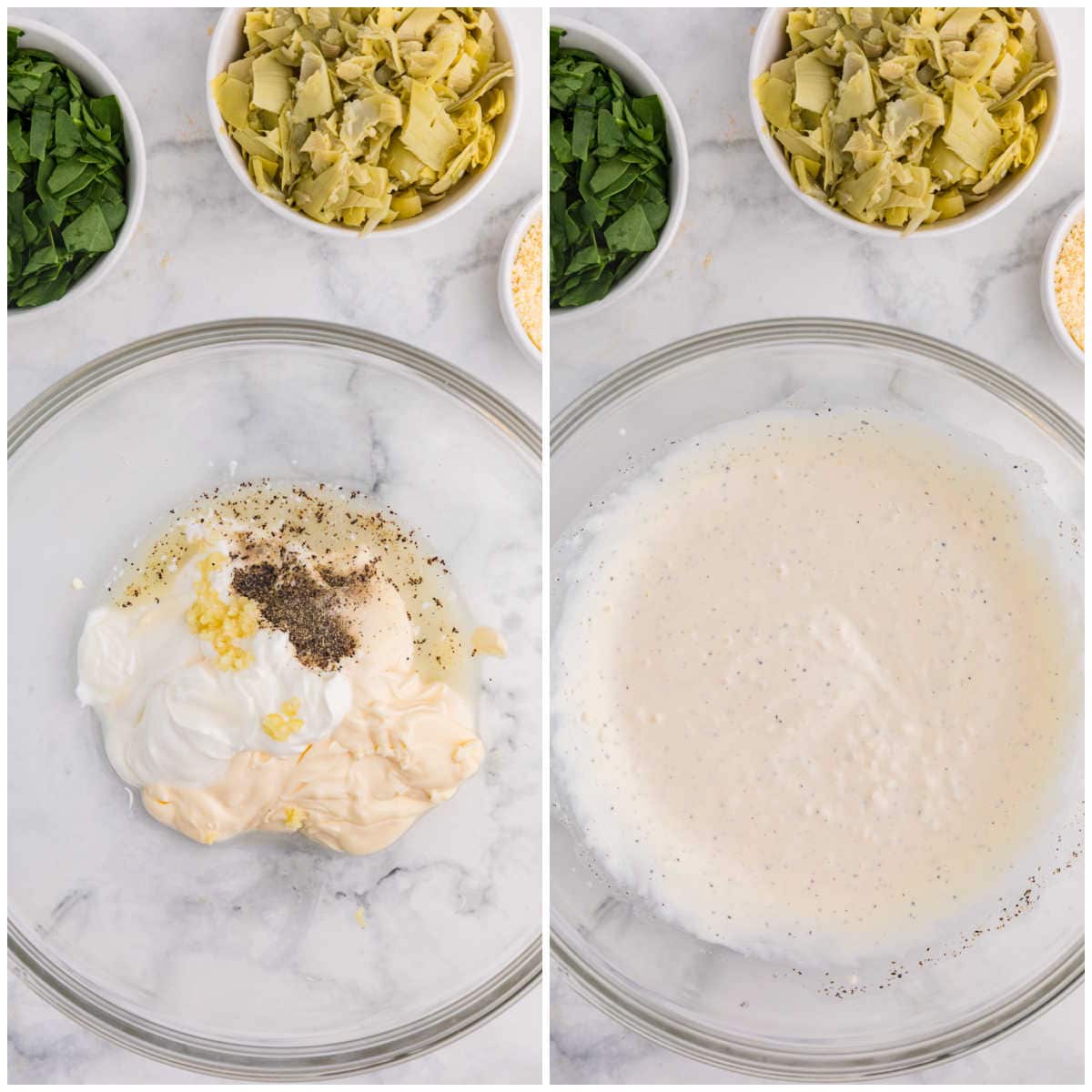 Collage of making the dressing in a bowl.
