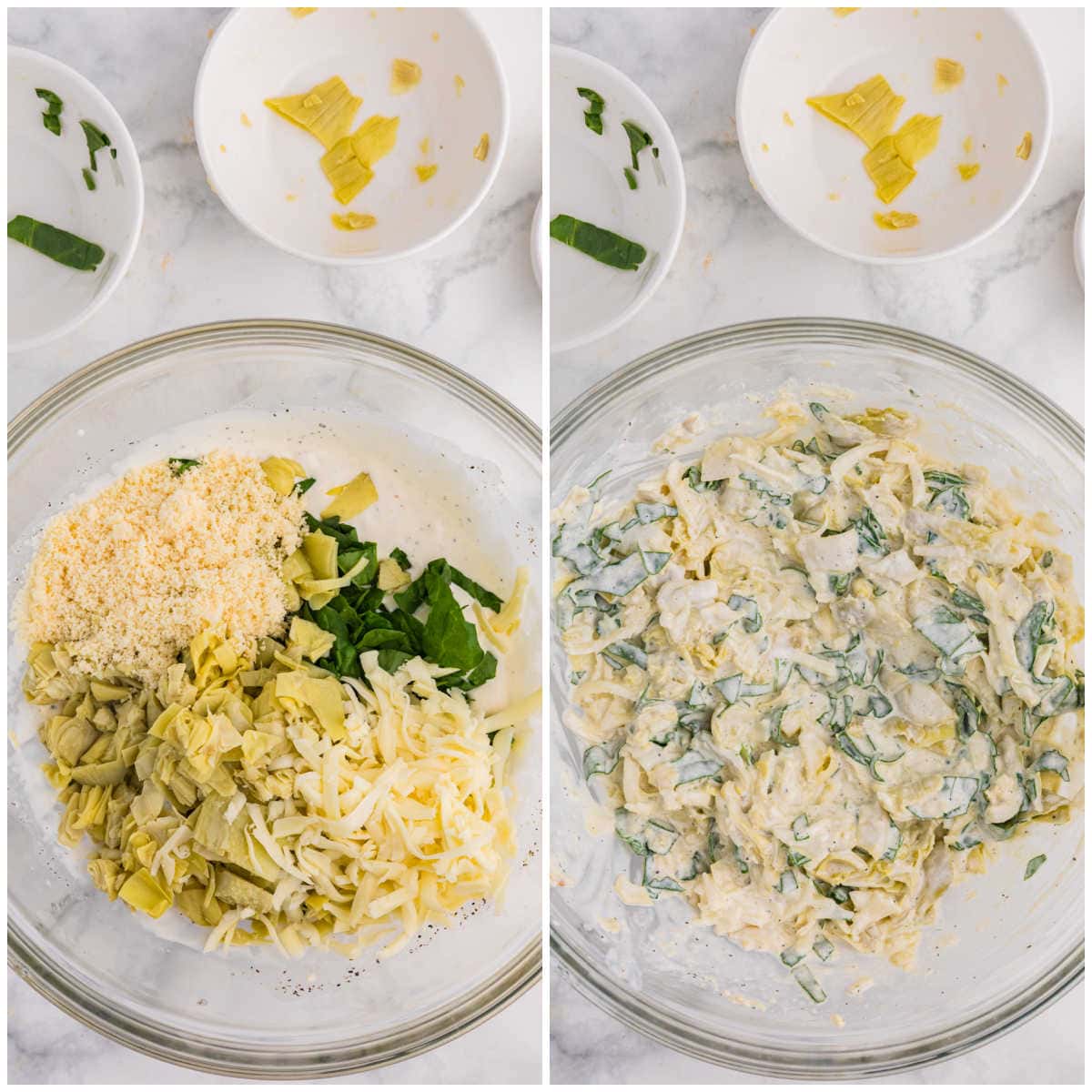 Collage of stirring salad ingredients in a bowl.