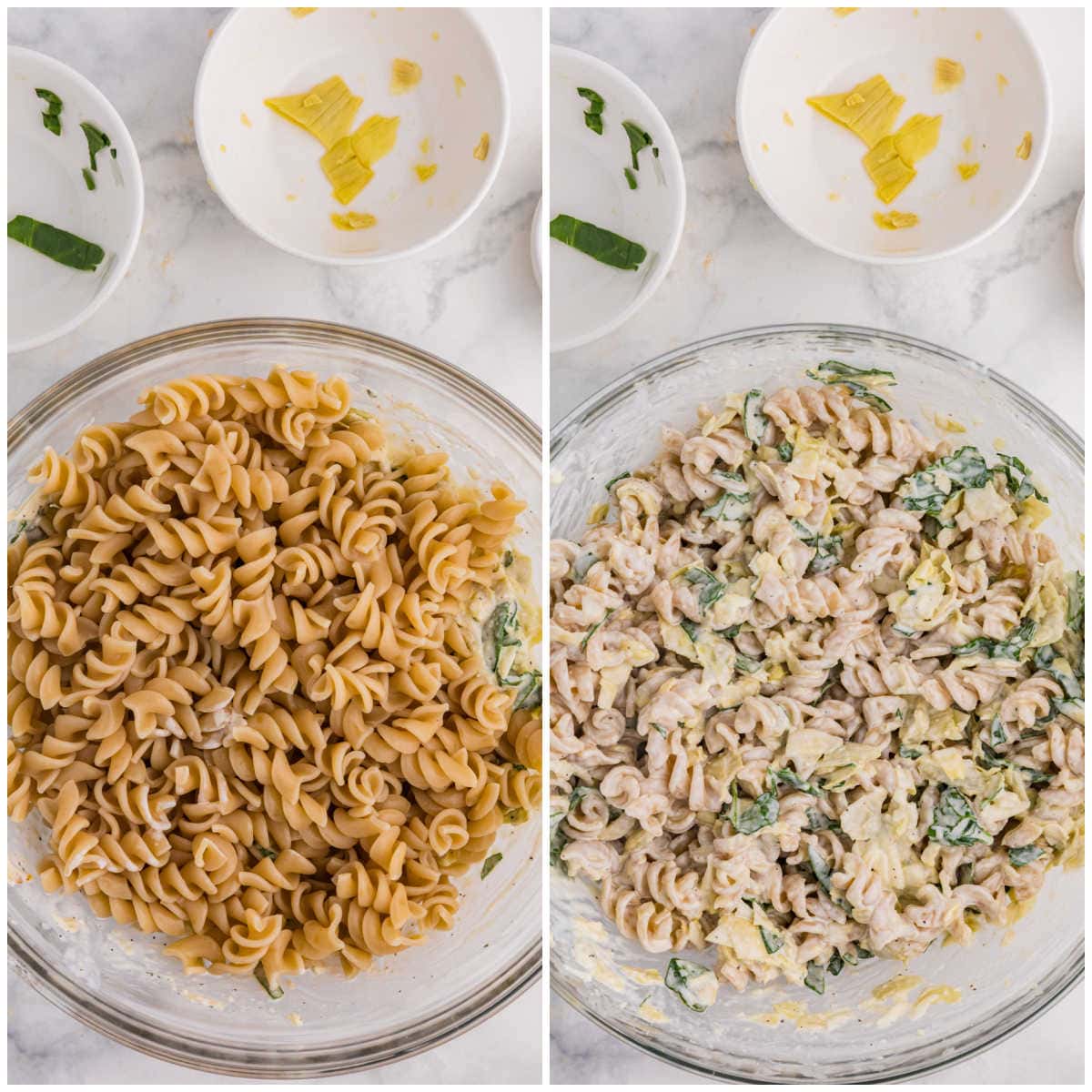 Collage of combining pasta with the salad ingredients.