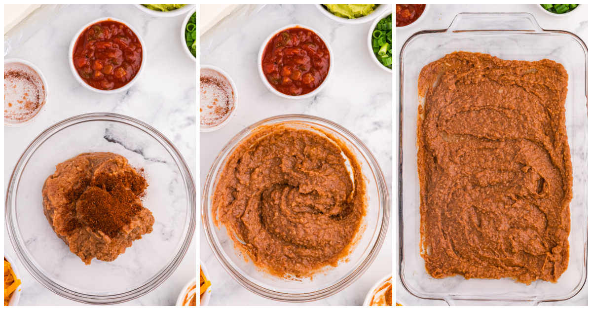Three-step collage showing chili powder mixed into refried beans, then spread evenly in the bottom of a glass baking dish.