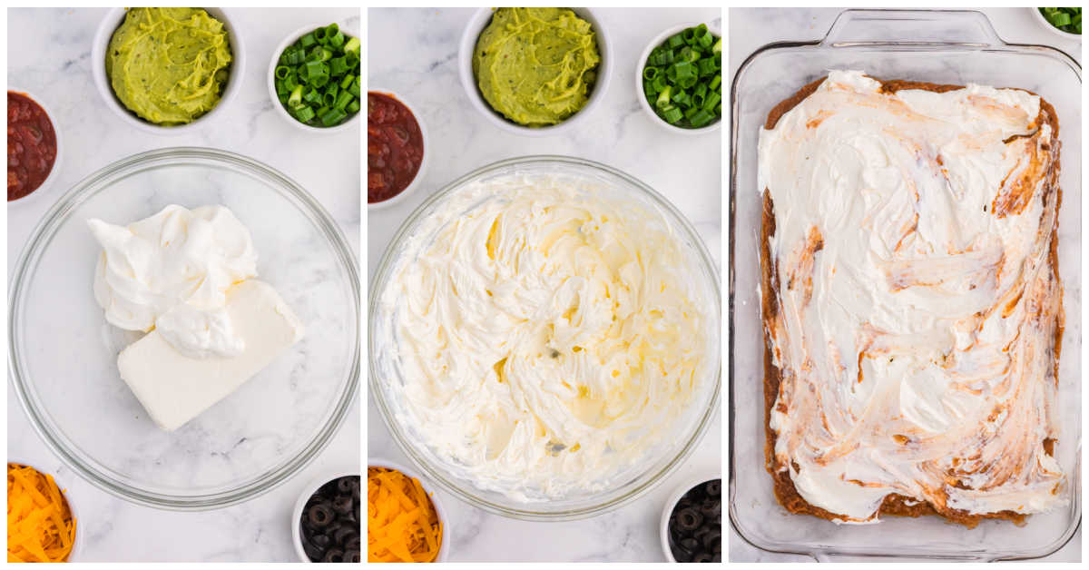 Three-step collage showing sour cream and softened cream cheese mixed until smooth, then spread over the refried bean layer.