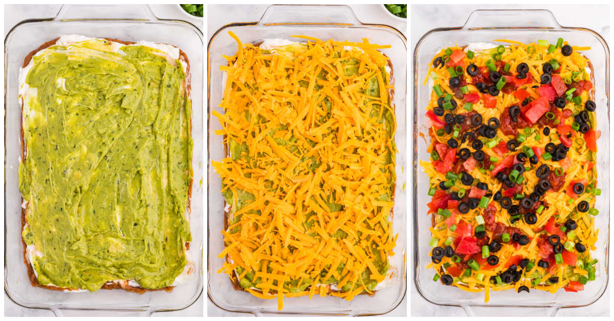 Three-step collage showing guacamole spread over the creamy layer, topped with shredded cheddar, then finished with salsa, tomatoes, black olives, and green onions.