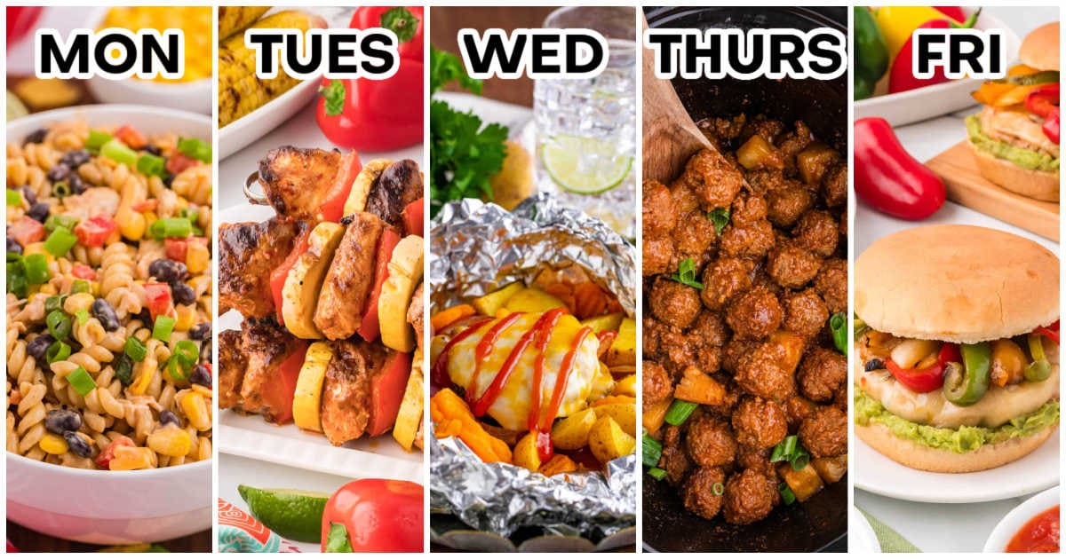 Weekly meal plan graphic showing five dinners labeled Monday through Friday: BBQ chicken pasta salad, chipotle chicken skewers, burger hobo packets, pineapple BBQ meatballs, and chicken fajita burgers.