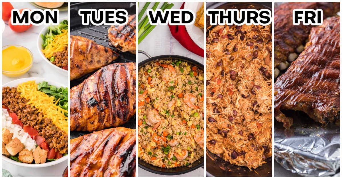 Weekly meal plan graphic showing five dinners labeled Monday through Friday: cheeseburger salad, grilled chicken, shrimp fried rice, slow cooker salsa chicken, and BBQ pork ribs.