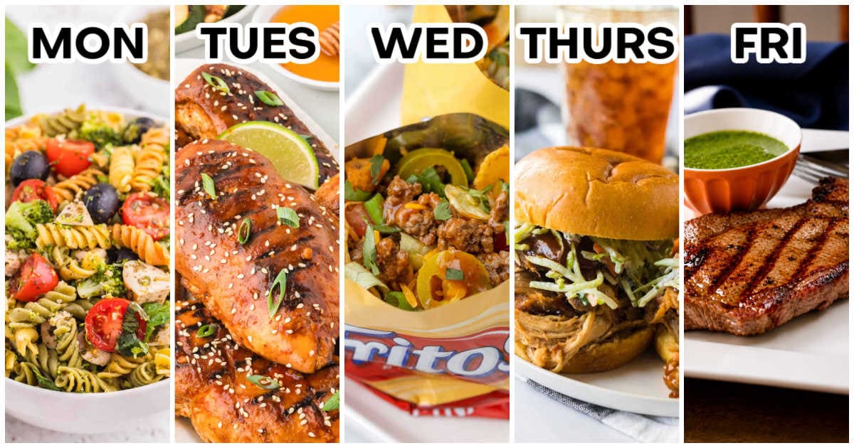 Weekly meal plan graphic showing five dinners labeled Monday through Friday: pesto chicken pasta salad, honey sriracha chicken, walking tacos, pulled pork sandwiches, and sirloin steak with herb sauce.