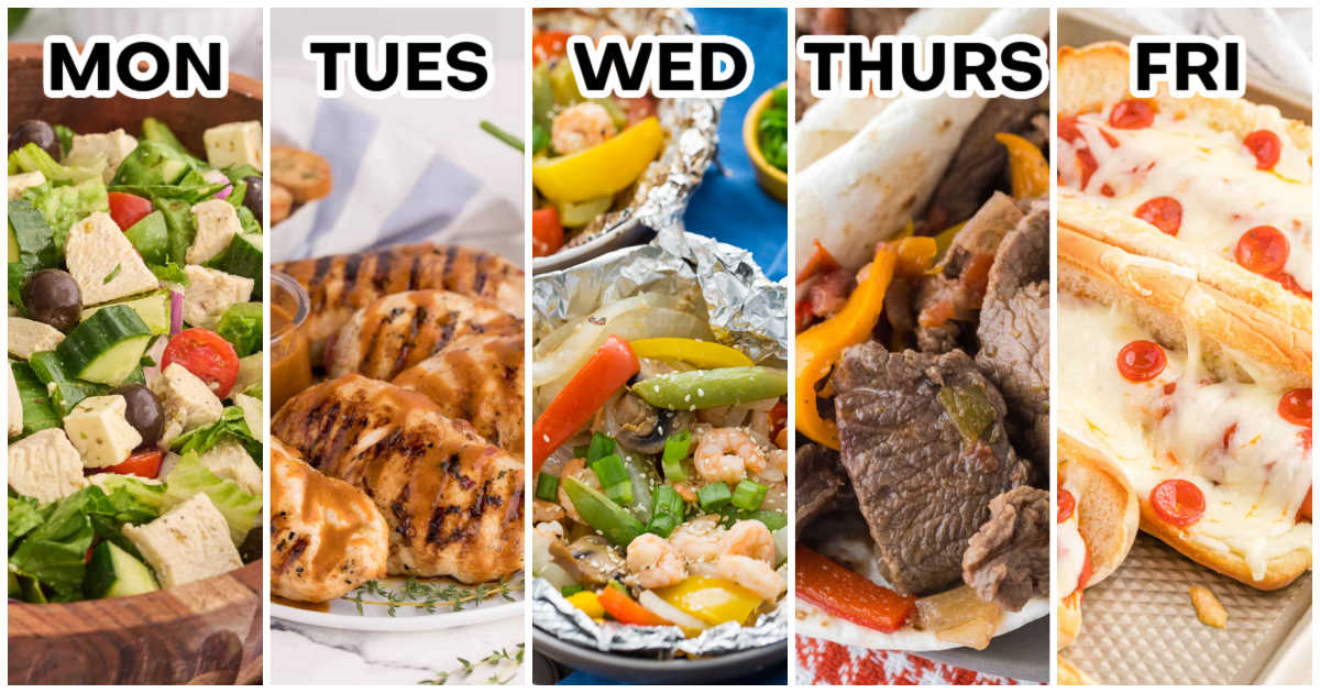 Weekly meal plan graphic showing five dinners labeled Monday through Friday: Greek chicken salad, grilled herb chicken, shrimp and veggie foil packets, steak fajitas, and pizza hot dogs.