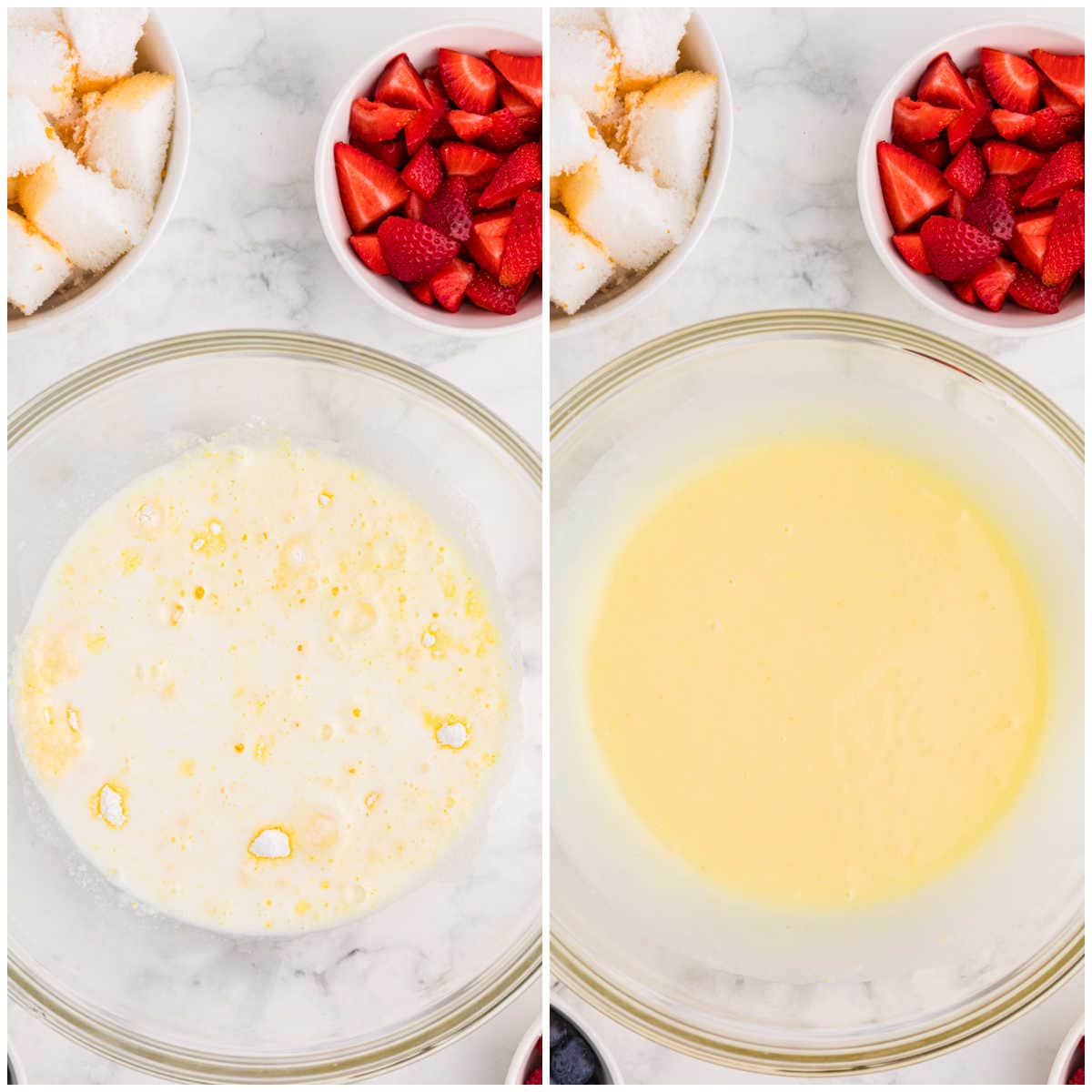 Step-by-step photos showing instant vanilla pudding mix and cold milk before and after whisking until smooth and thickened.