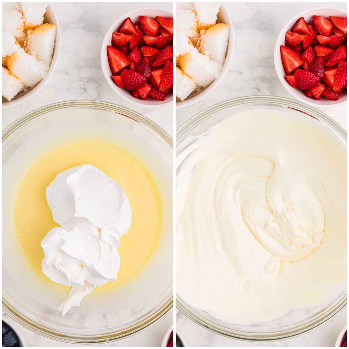 Step-by-step photos showing Cool Whip added to the thickened vanilla pudding mixture and folded in until smooth and creamy.