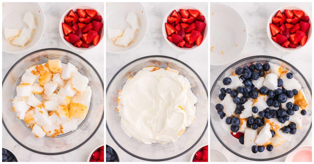 Step-by-step photos showing Angel Food Cake Trifle layered with cake cubes, creamy vanilla filling, and fresh blueberries in a glass trifle bowl.