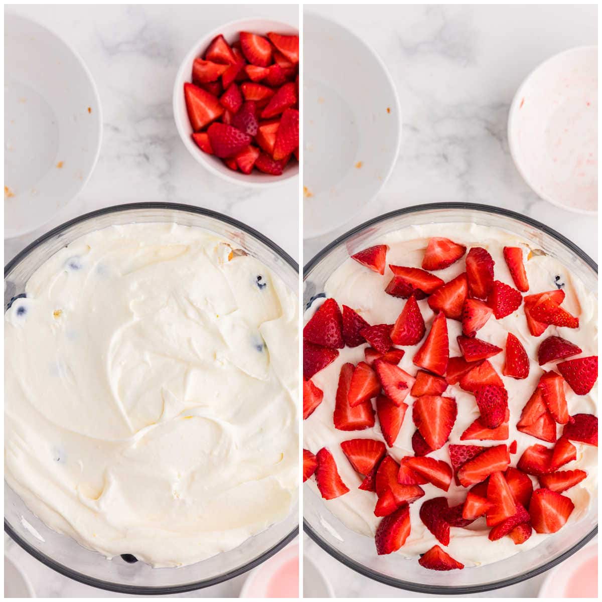 Step-by-step photos showing the final layers of Angel Food Cake Trifle with creamy vanilla filling spread over the cake and topped with chopped strawberries.