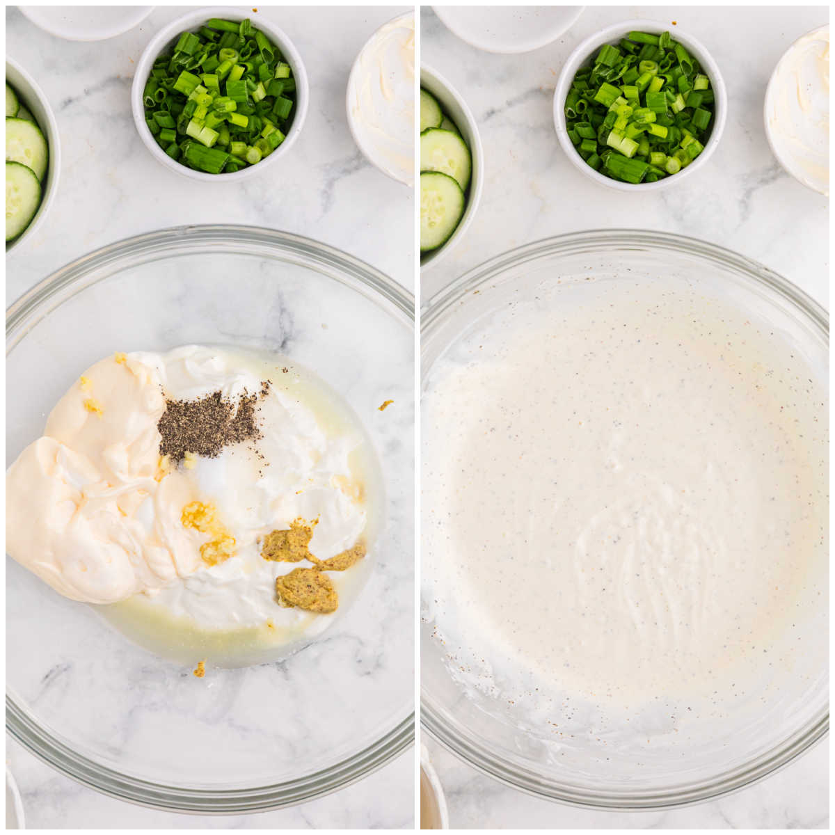 Sour cream, mayonnaise, lemon juice, Dijon mustard, garlic, salt, and pepper before and after whisking into a creamy dressing.