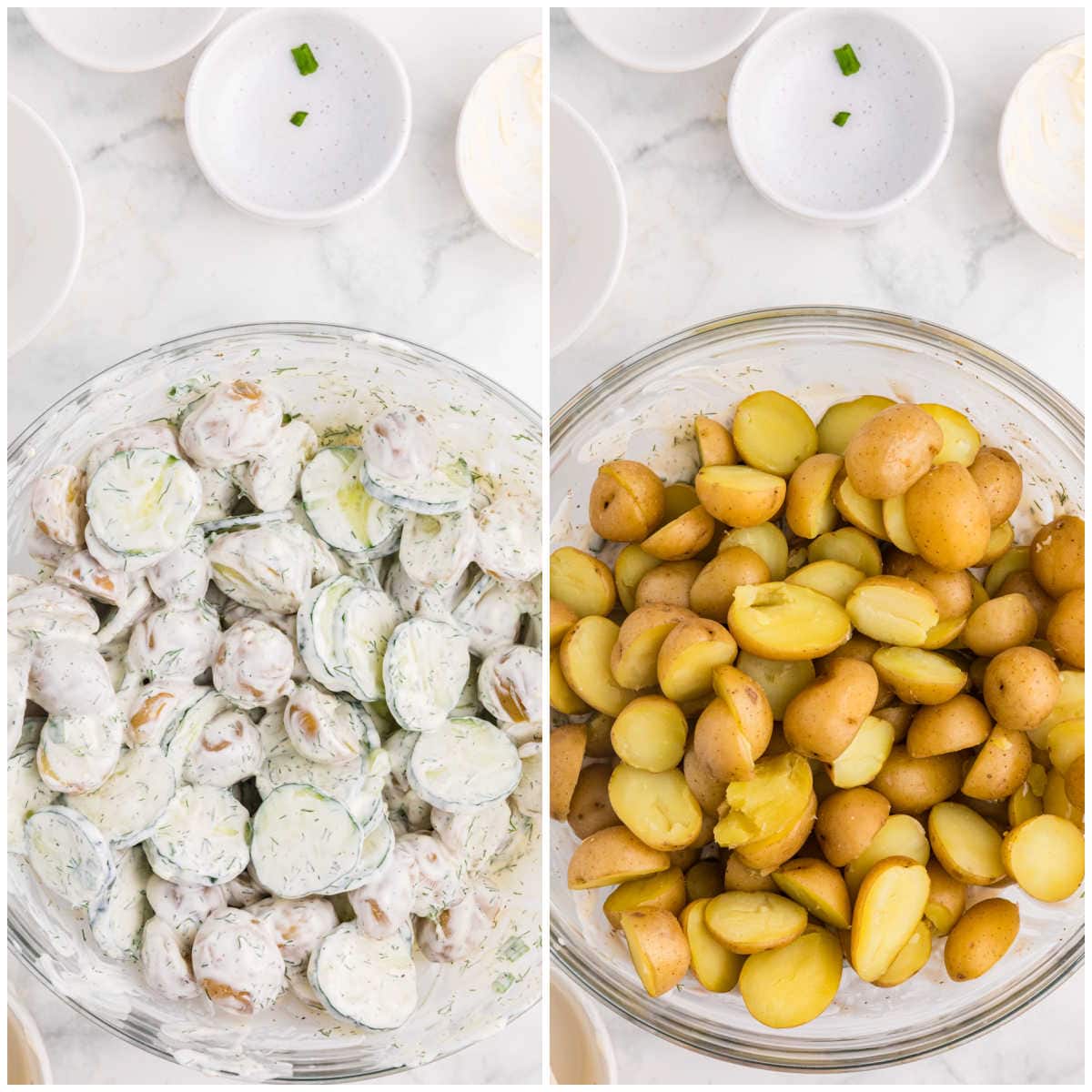 Cooked baby potatoes before and after being tossed with cucumber, dill, and creamy dressing.