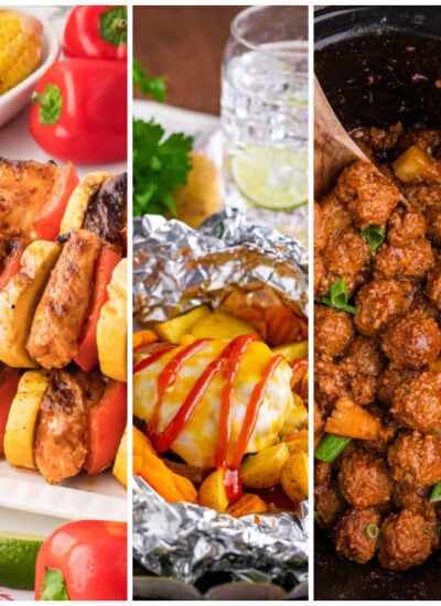 Weekly meal plan image with BBQ chicken pasta salad, chipotle chicken skewers, burger hobo packets, pineapple BBQ meatballs, and chicken fajita burgers.