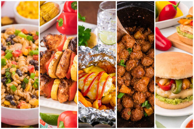 Weekly meal plan image with BBQ chicken pasta salad, chipotle chicken skewers, burger hobo packets, pineapple BBQ meatballs, and chicken fajita burgers.