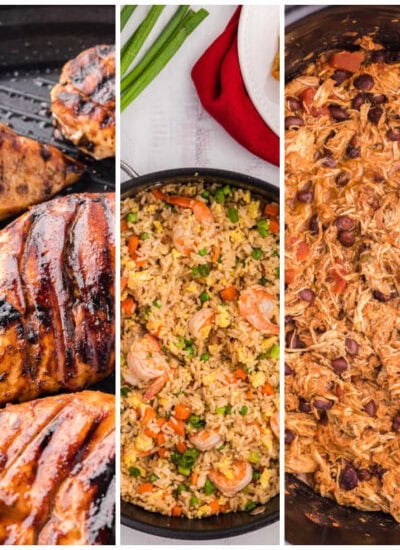 Weekly meal plan image with cheeseburger salad, grilled chicken, shrimp fried rice, slow cooker salsa chicken, and BBQ pork ribs.