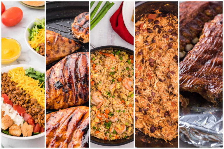 Weekly meal plan image with cheeseburger salad, grilled chicken, shrimp fried rice, slow cooker salsa chicken, and BBQ pork ribs.