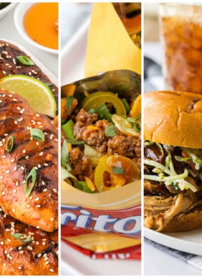 Weekly meal plan image with pesto chicken pasta salad, honey sriracha chicken, walking tacos, pulled pork sandwiches, and sirloin steak with herb sauce.