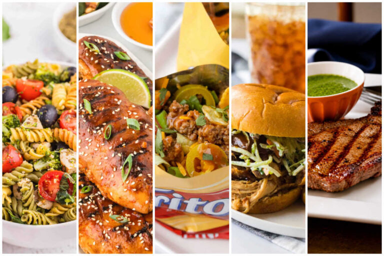 Weekly meal plan image with pesto chicken pasta salad, honey sriracha chicken, walking tacos, pulled pork sandwiches, and sirloin steak with herb sauce.