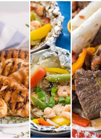 Weekly meal plan image with Greek chicken salad, grilled herb chicken, shrimp and veggie foil packets, steak fajitas, and pizza hot dogs.