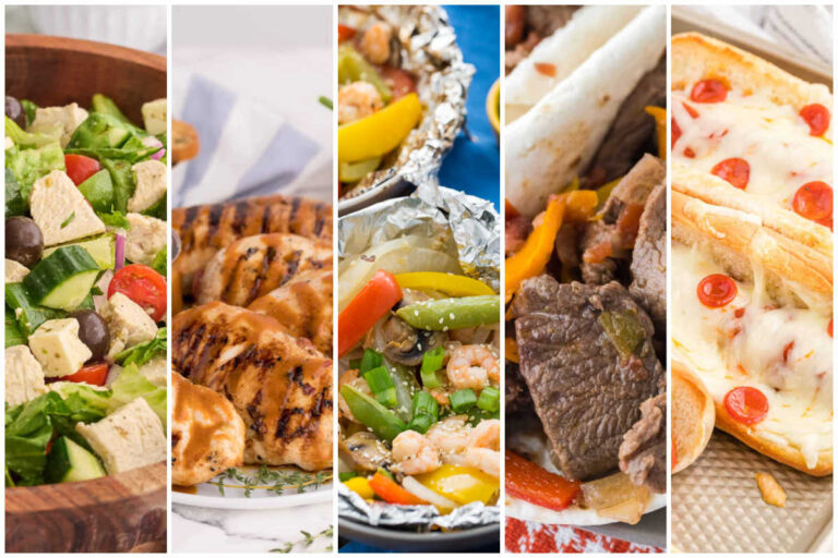 Weekly meal plan image with Greek chicken salad, grilled herb chicken, shrimp and veggie foil packets, steak fajitas, and pizza hot dogs.