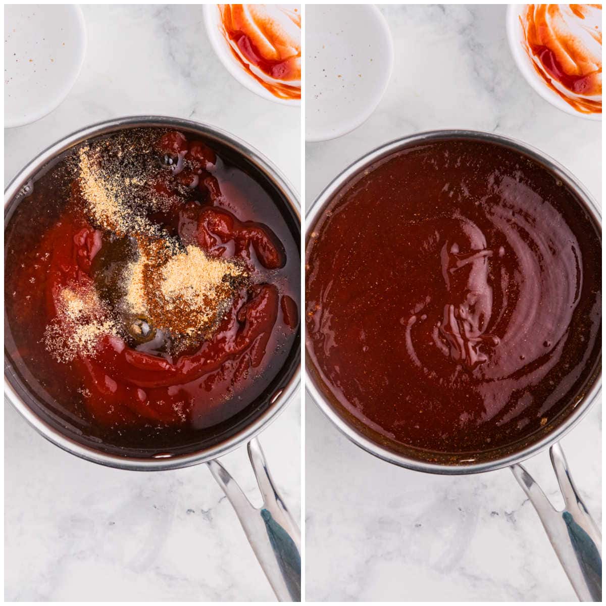 Maple BBQ sauce ingredients added to a saucepan, then stirred together until smooth.