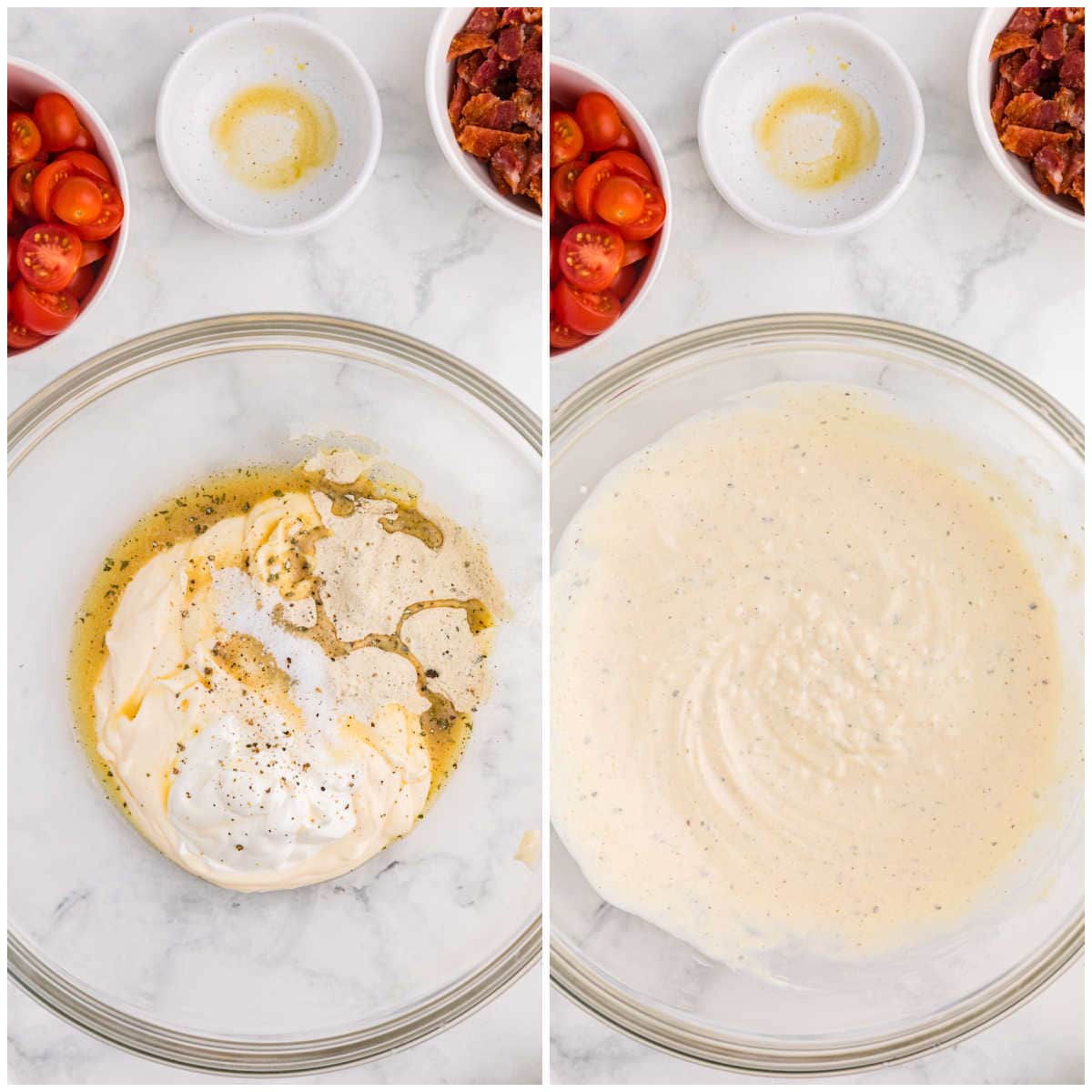 Two-step collage showing the creamy ranch dressing ingredients before and after being whisked together for Million Dollar Pasta Salad.