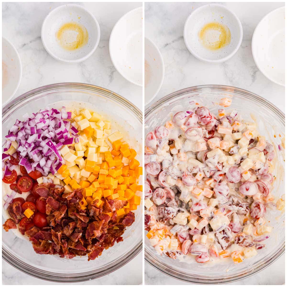Two-step collage showing bacon, cheddar, mozzarella, cherry tomatoes, and red onion added to the creamy dressing, then stirred together for Million Dollar Pasta Salad.