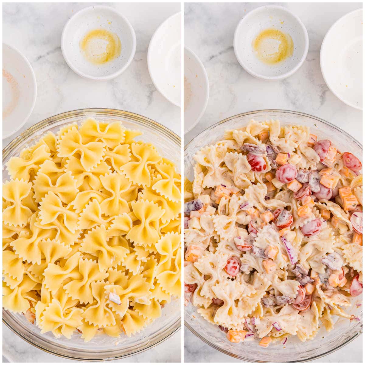 Two-step collage showing cooked bowtie pasta added to the creamy bacon, cheese, tomato, and onion mixture, then tossed together to make Million Dollar Pasta Salad.