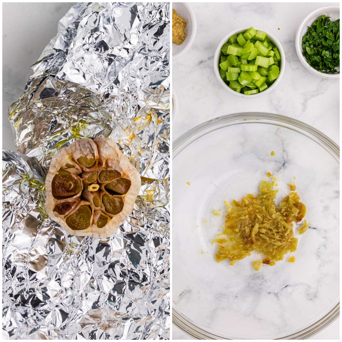 Roasted garlic head in foil beside mashed roasted garlic in a mixing bowl for potato salad.
