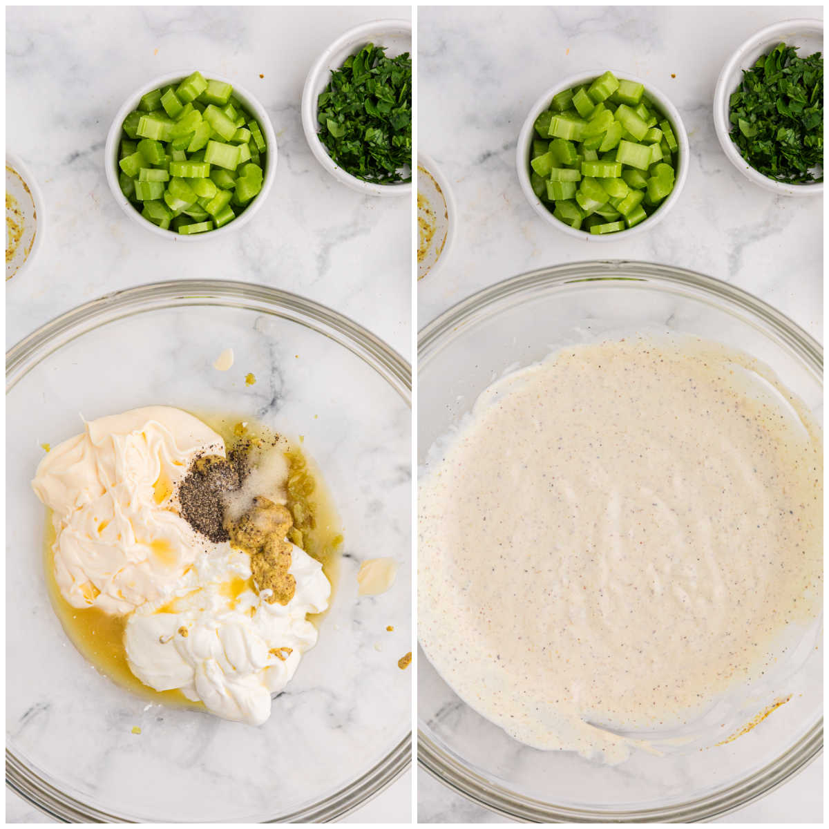 Mayonnaise, sour cream, roasted garlic, Dijon mustard, vinegar, salt, and pepper whisked into a creamy potato salad dressing.