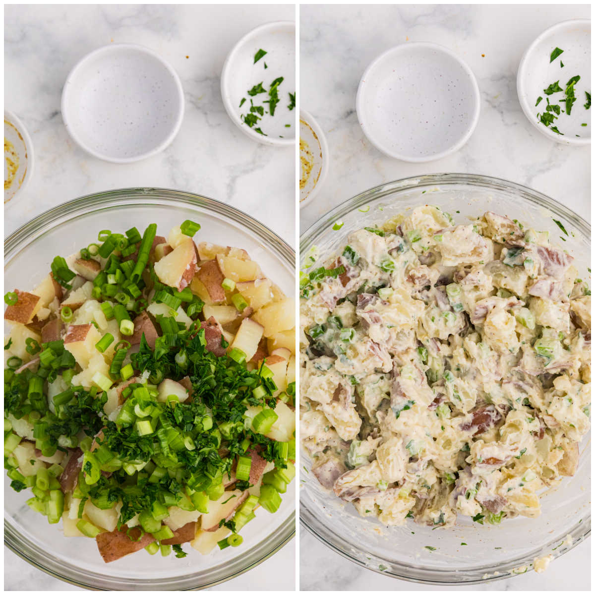Red potatoes, celery, green onions, and parsley added to the dressing, then mixed into creamy roasted garlic potato salad.