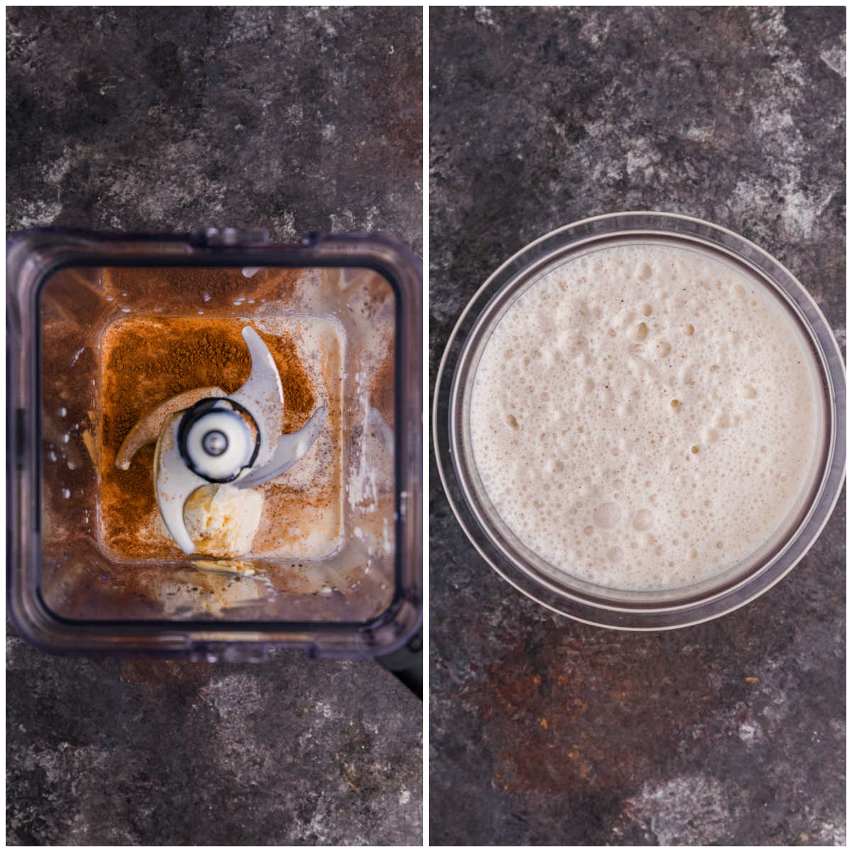 Cinnamon roll ice cream ingredients in a blender and the blended mixture poured into a Ninja CREAMi pint.