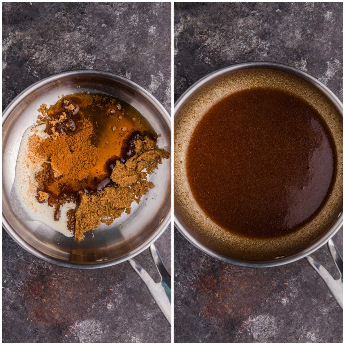 Brown sugar, maple syrup, heavy cream, and cinnamon before and after cooking into a smooth cinnamon roll mix-in.