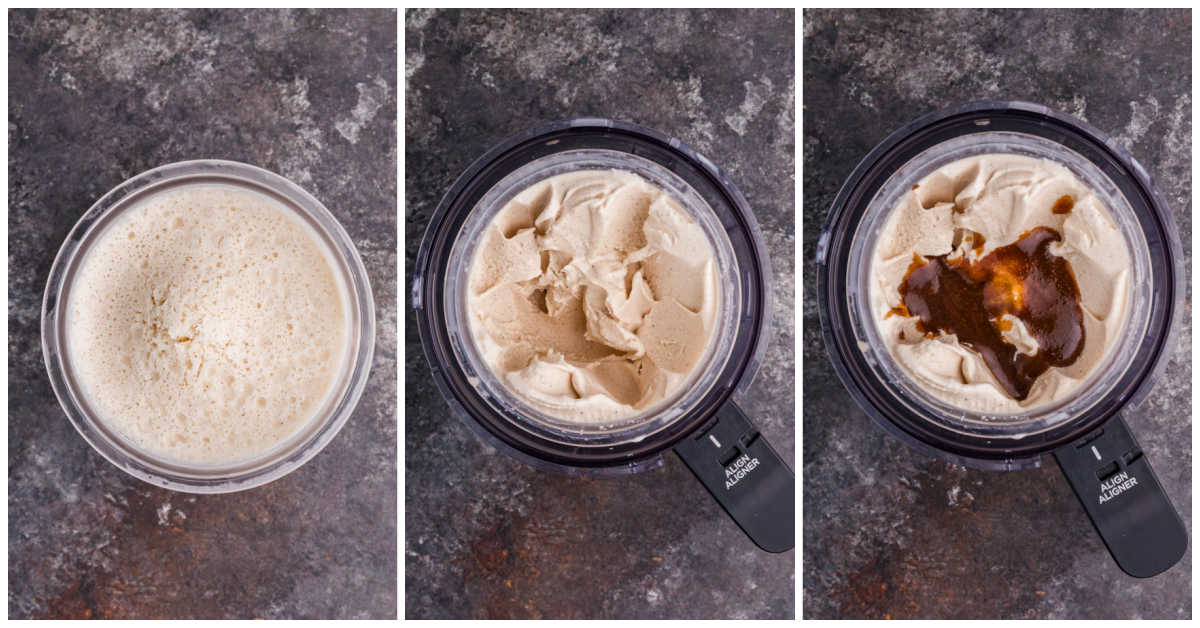 Frozen cinnamon ice cream base before processing, after spinning, and topped with the cinnamon roll mix-in.